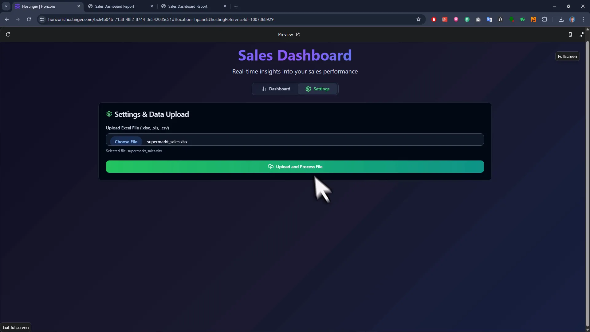 Settings area with Excel file upload option