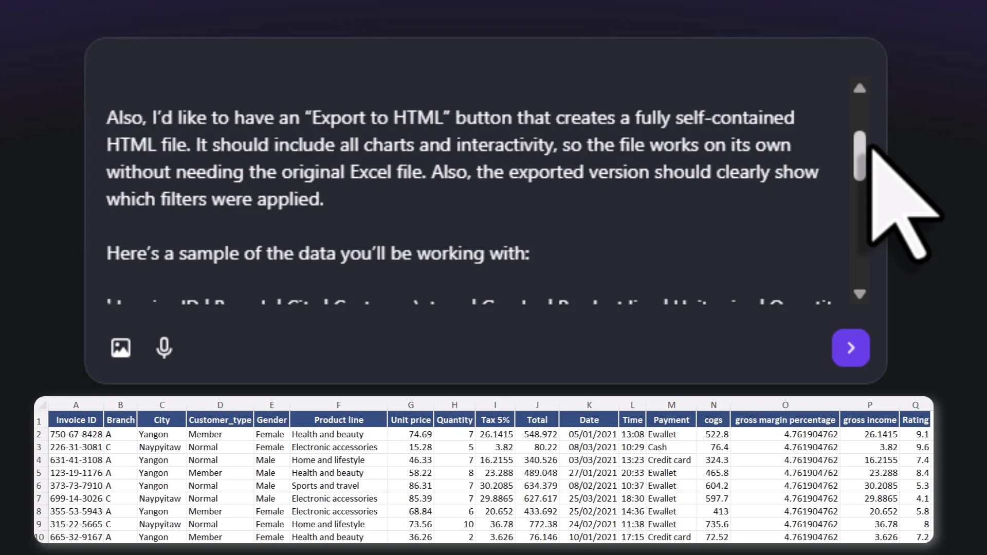 Prompt and sample data pasted into Hostinger Horizons