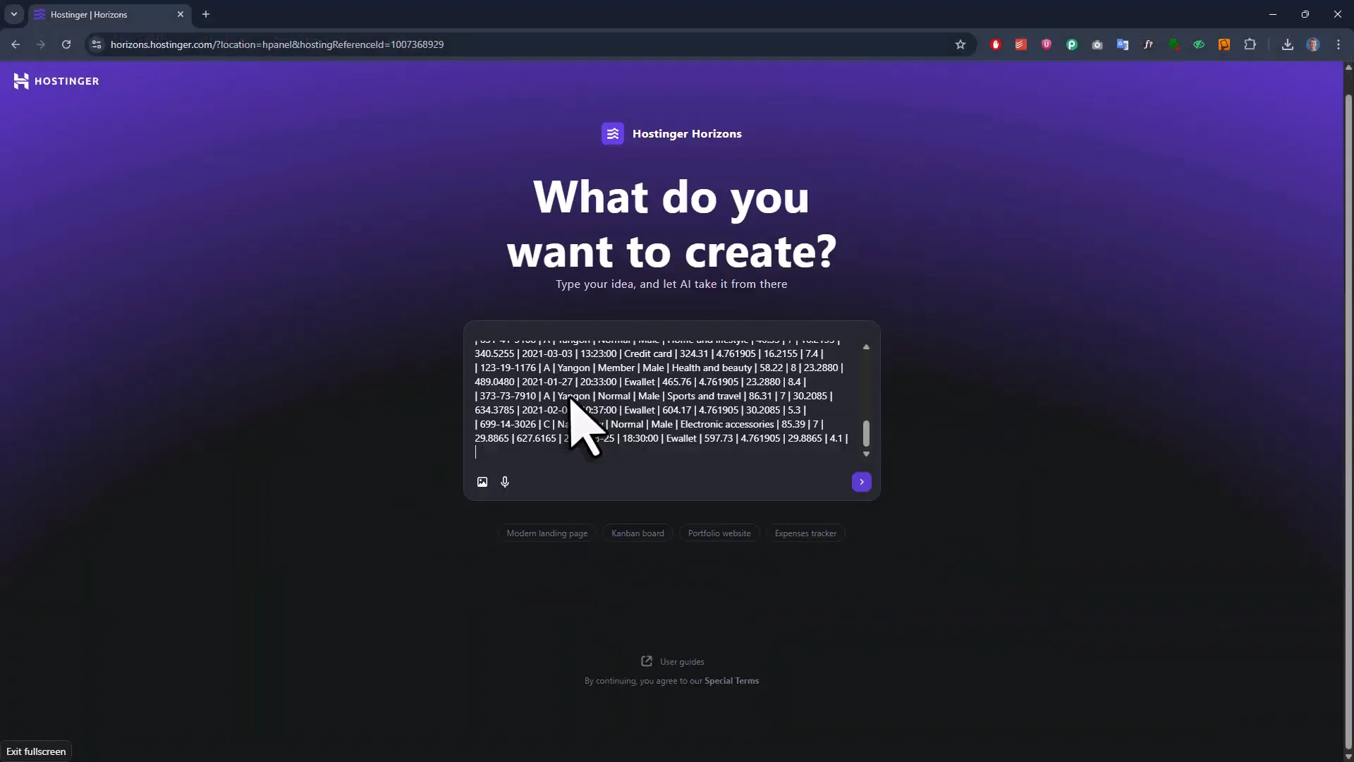 Hostinger Horizons platform interface showing prompt input