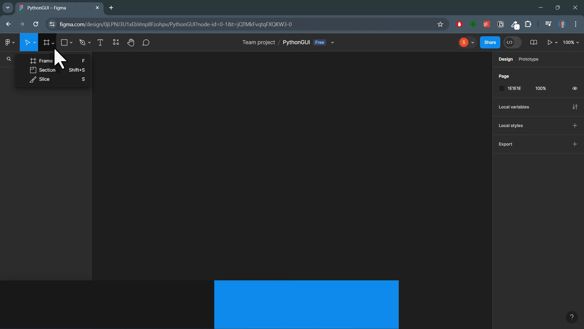 Creating a frame in Figma with dimensions 600 by 400 pixels