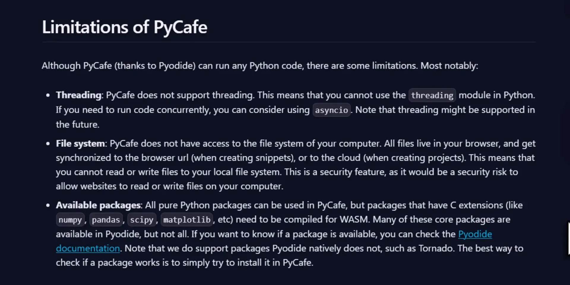 PyCafe Limitations