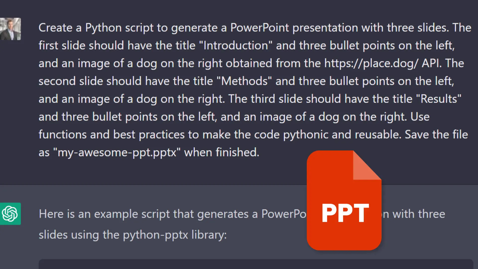 ChatGPT code for generating a PowerPoint presentation