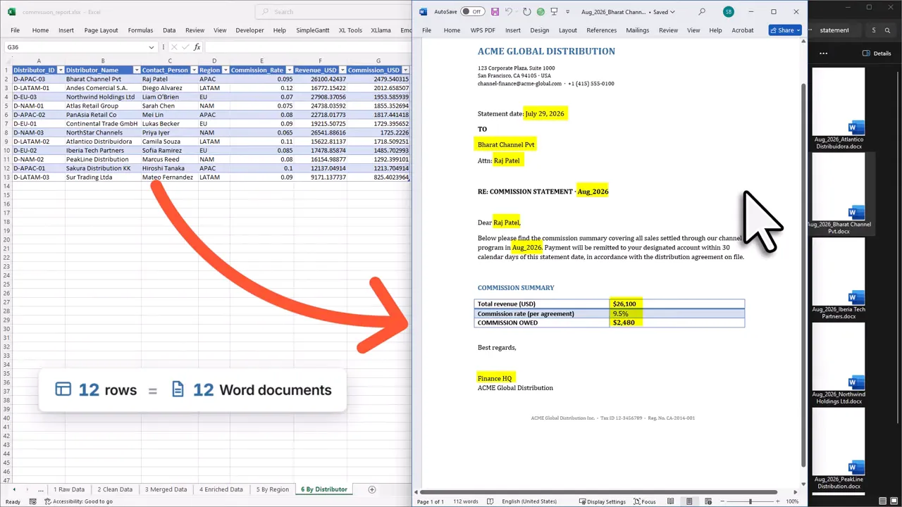 Excel data beside a generated Word document and multiple document files
