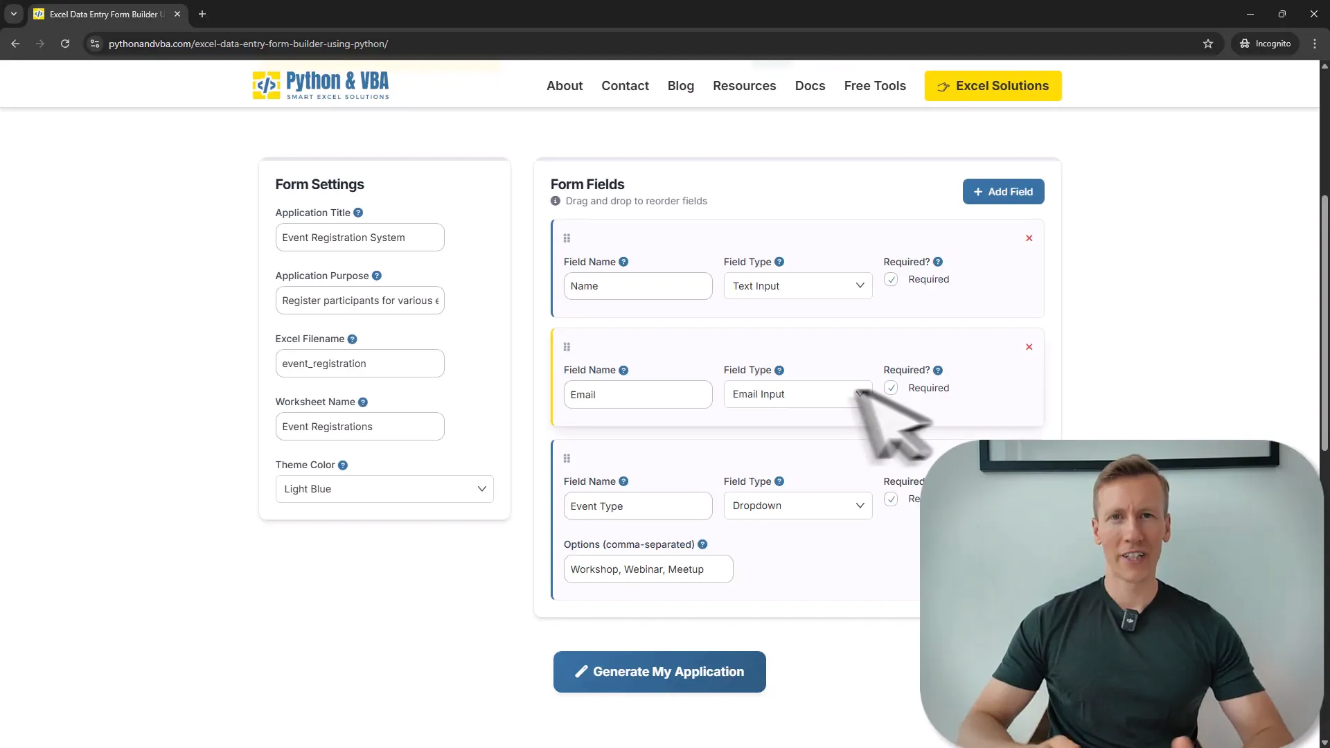Excel Data Entry Form Generator interface showing form design options