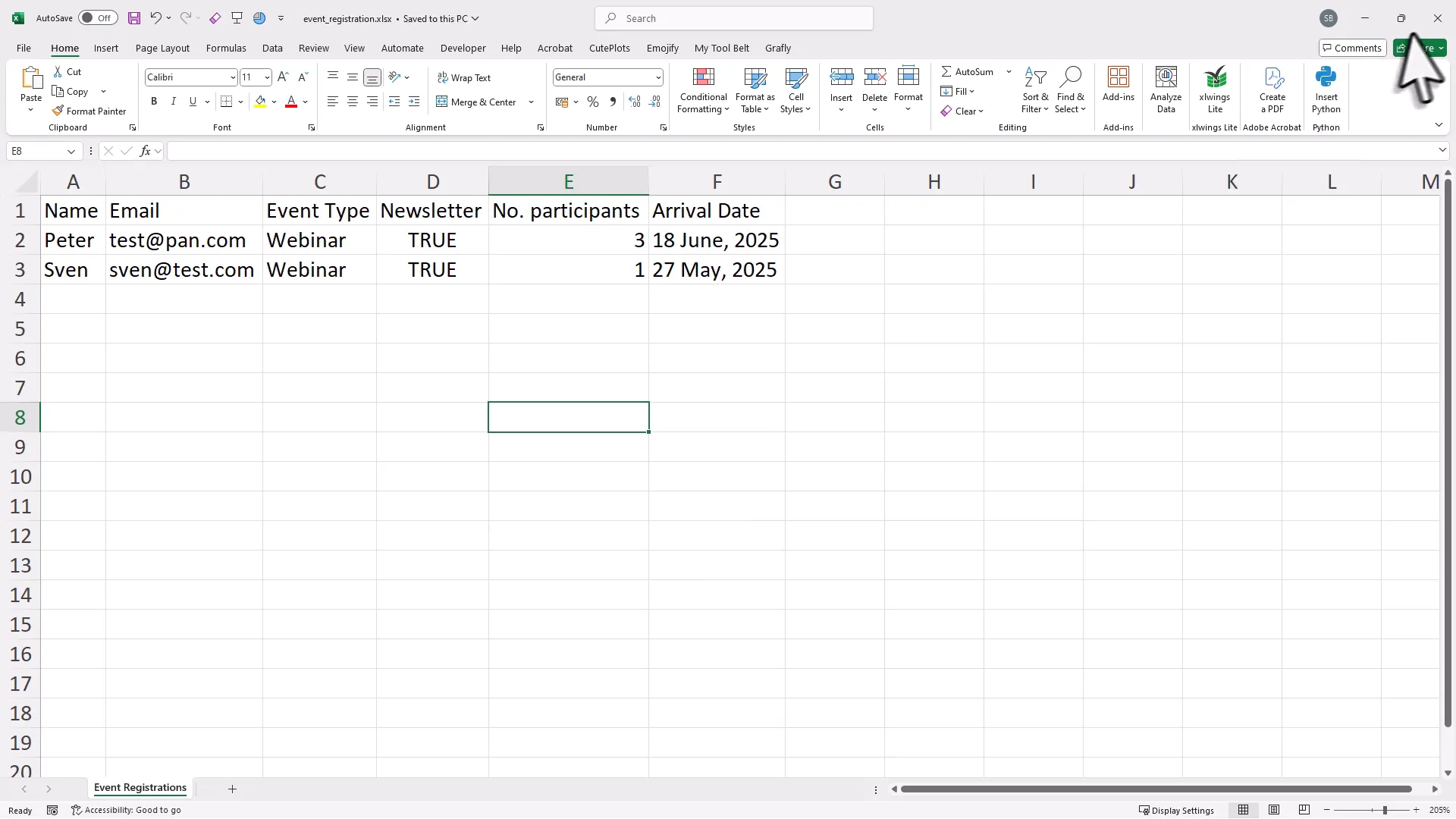 Excel spreadsheet showing headers and data from the form