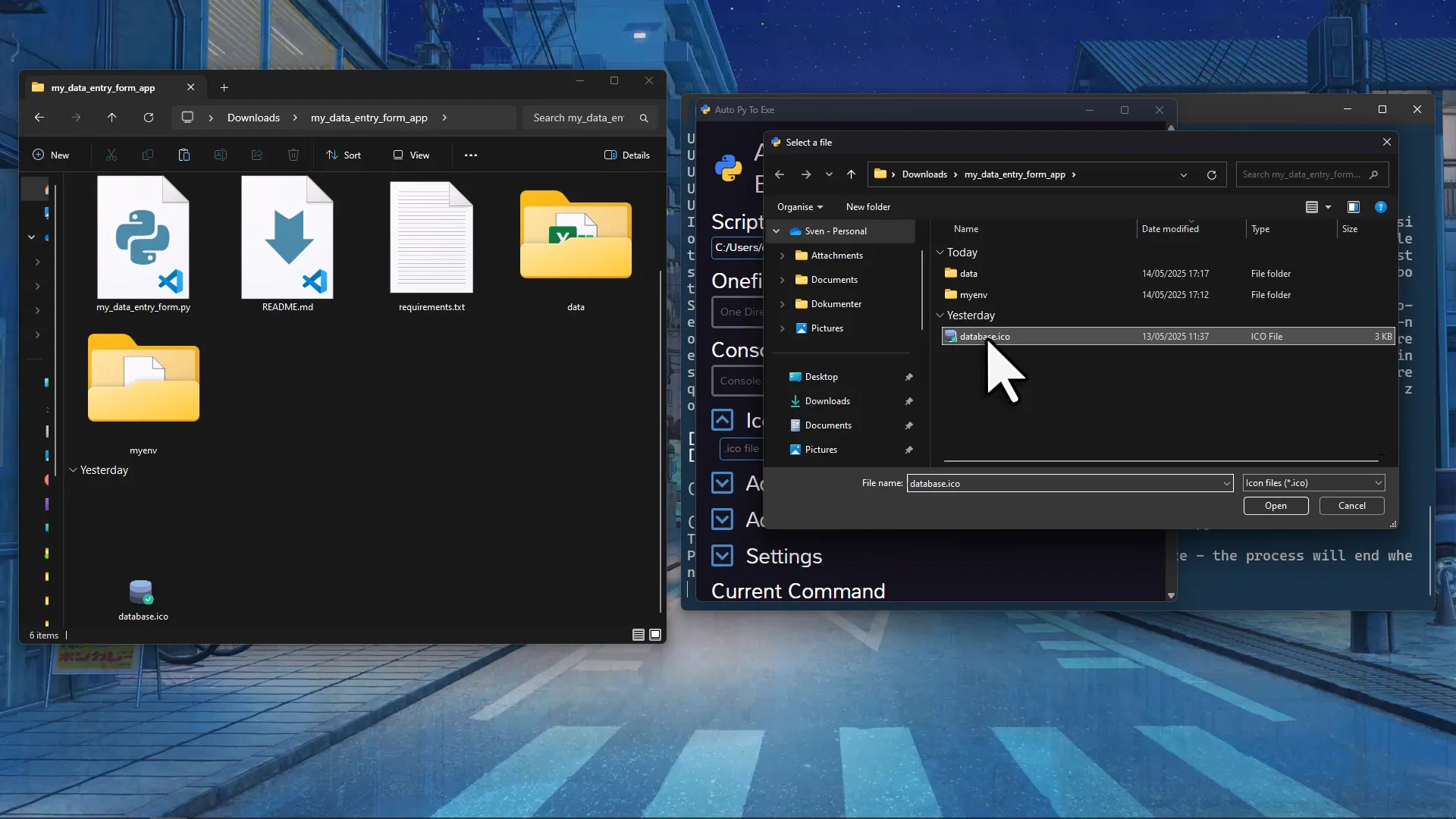 PyInstaller GUI showing options to convert Python script to executable
