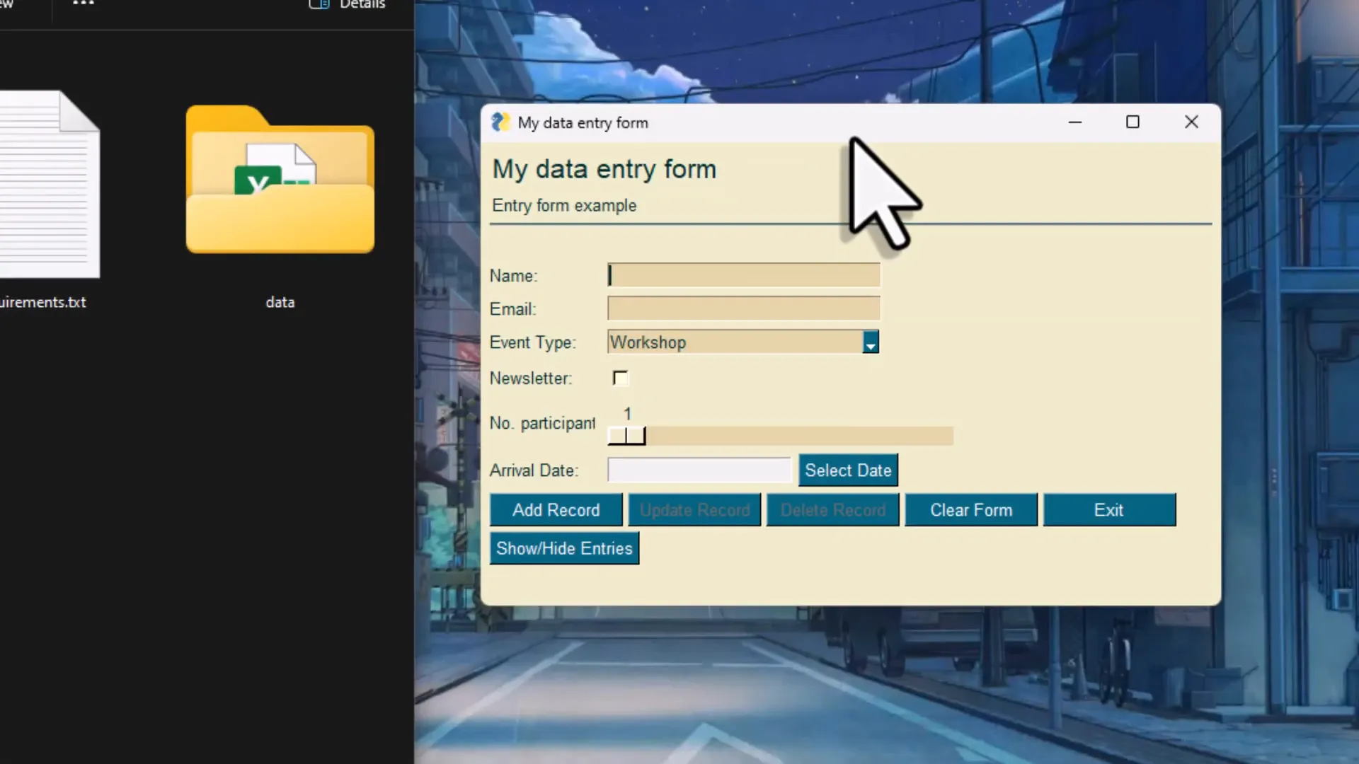 Excel Data Entry Form GUI running with input fields and buttons