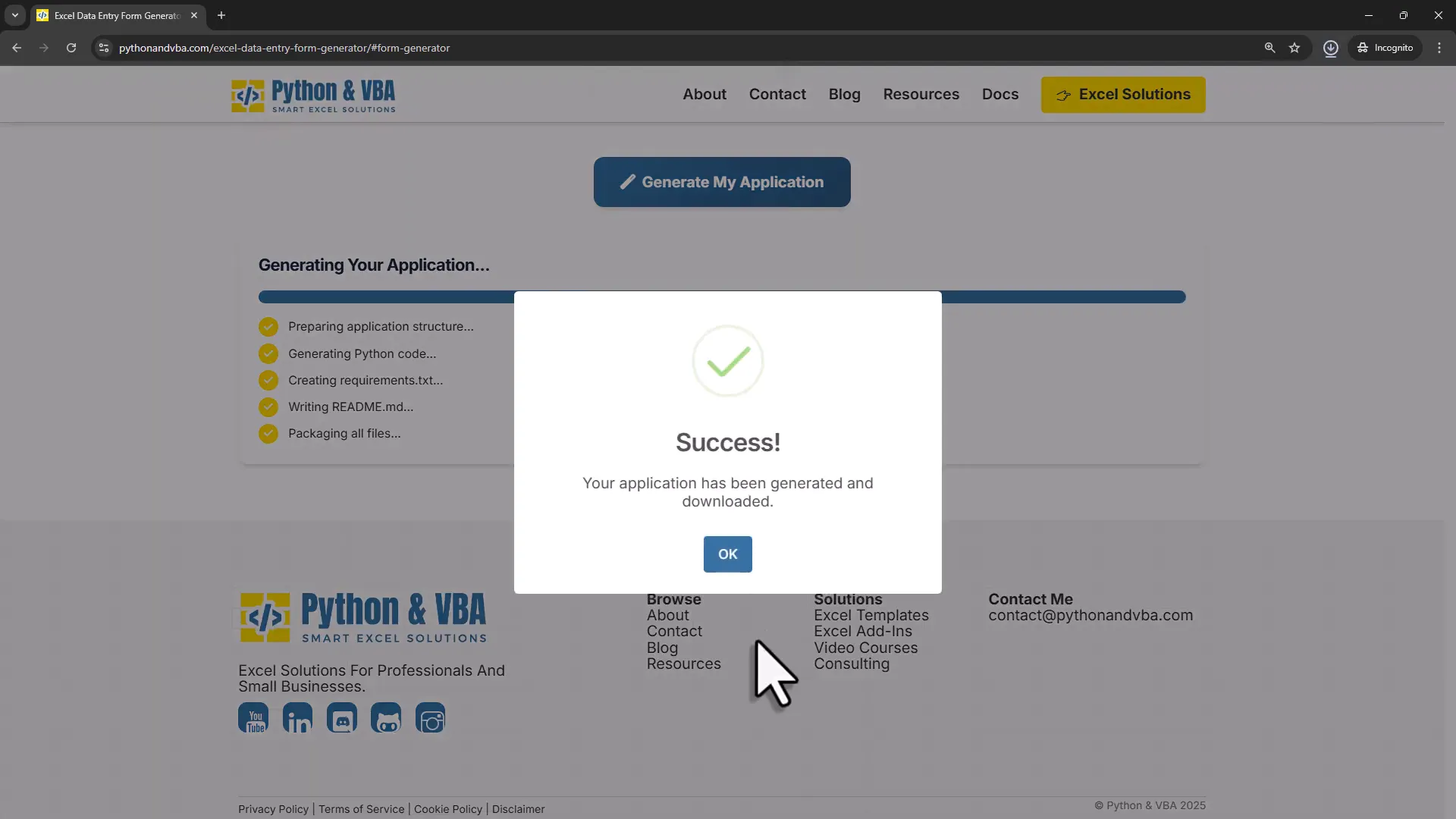 Notification of successful form generation and download