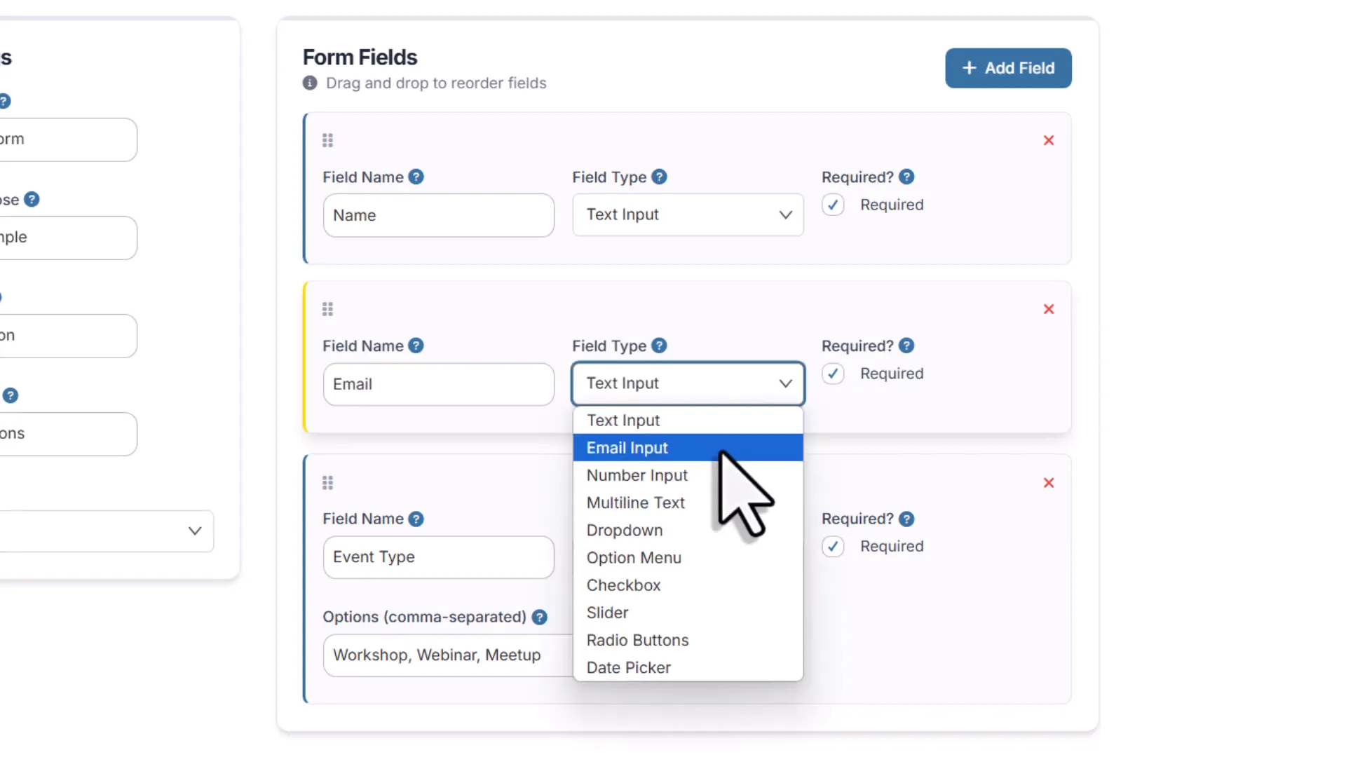 Form design interface with various field types like dropdown, checkbox, date picker, and slider