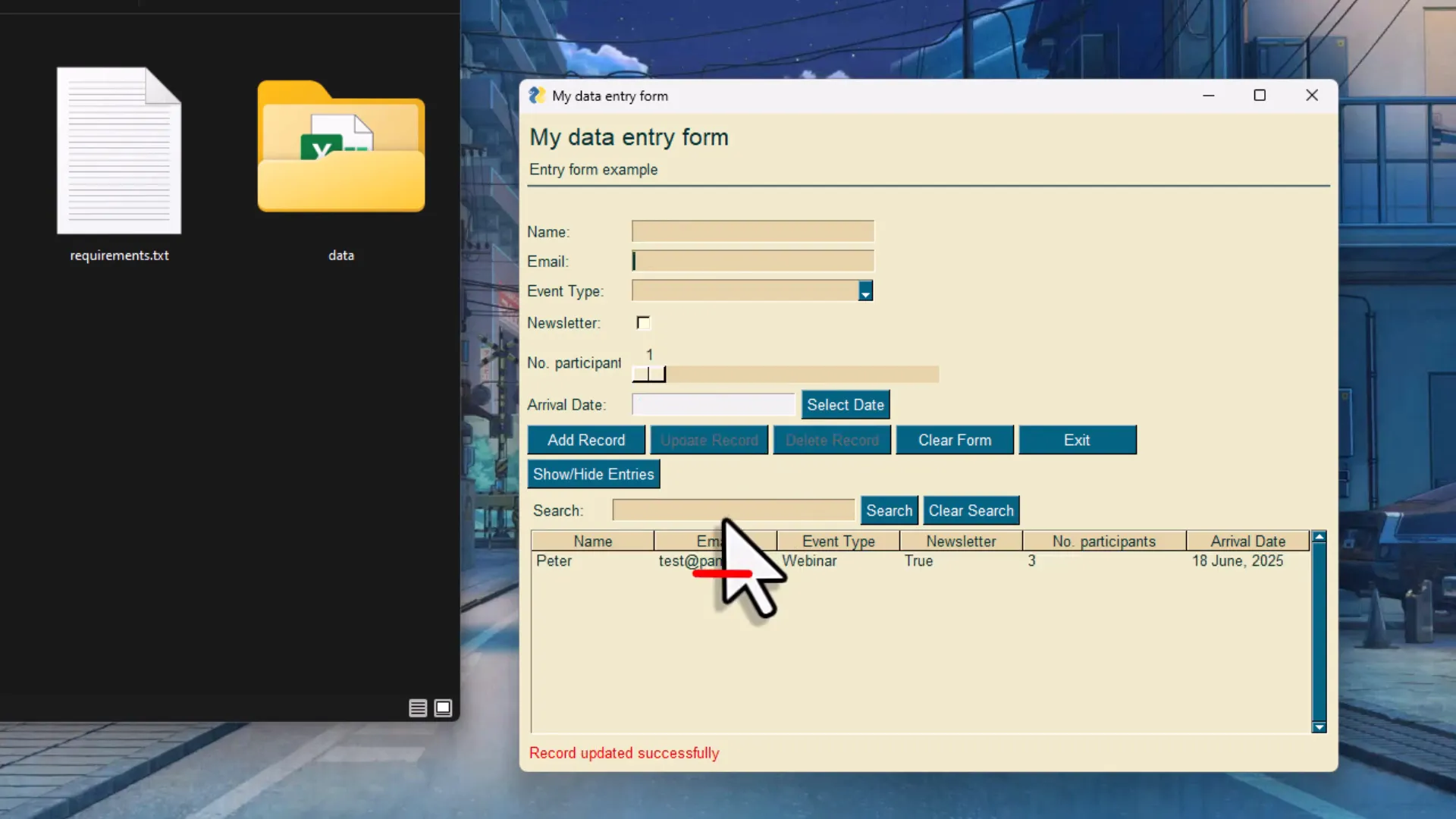 Form showing populated fields after selecting a record for editing