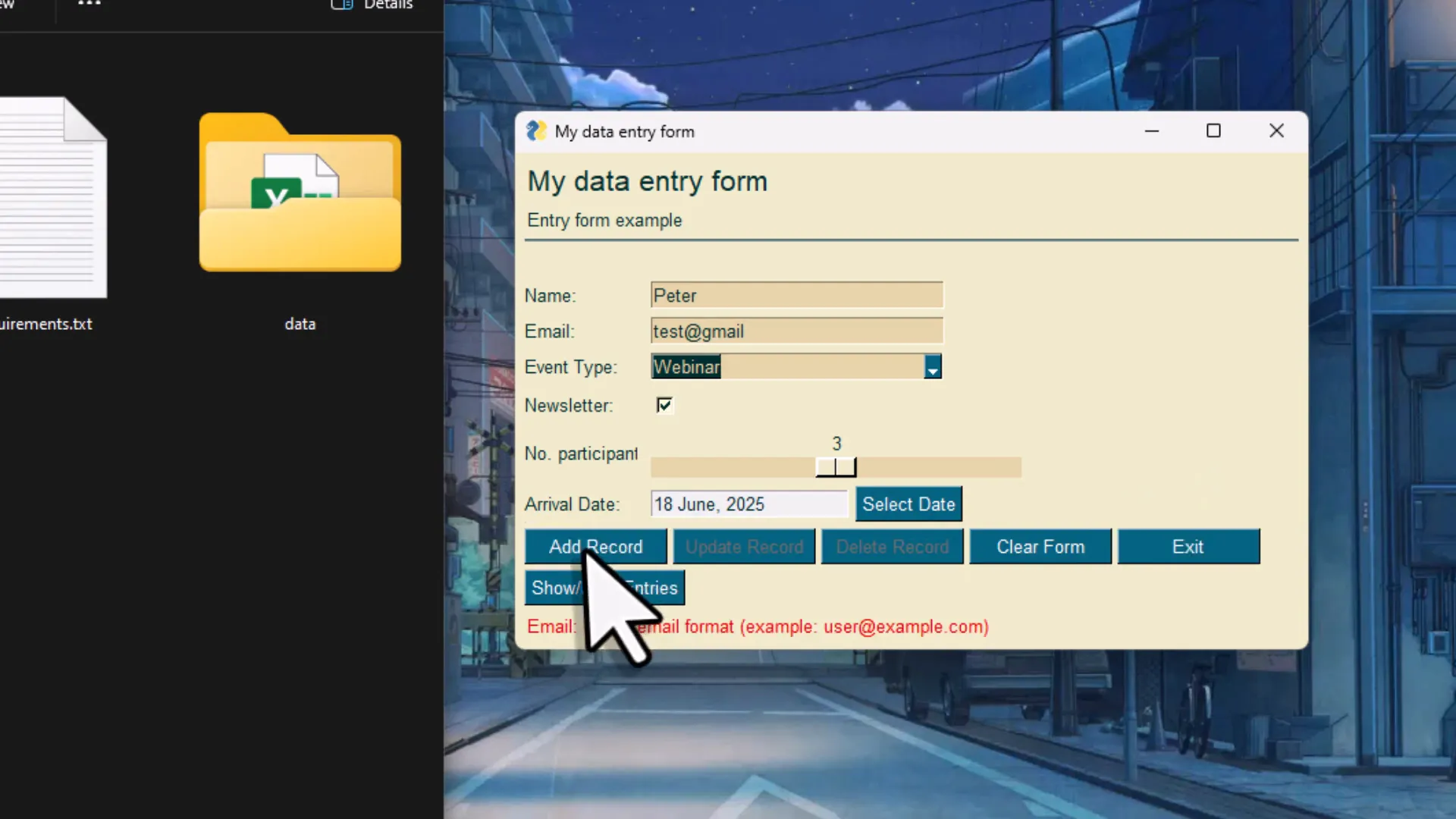 Error message due to invalid email input in form
