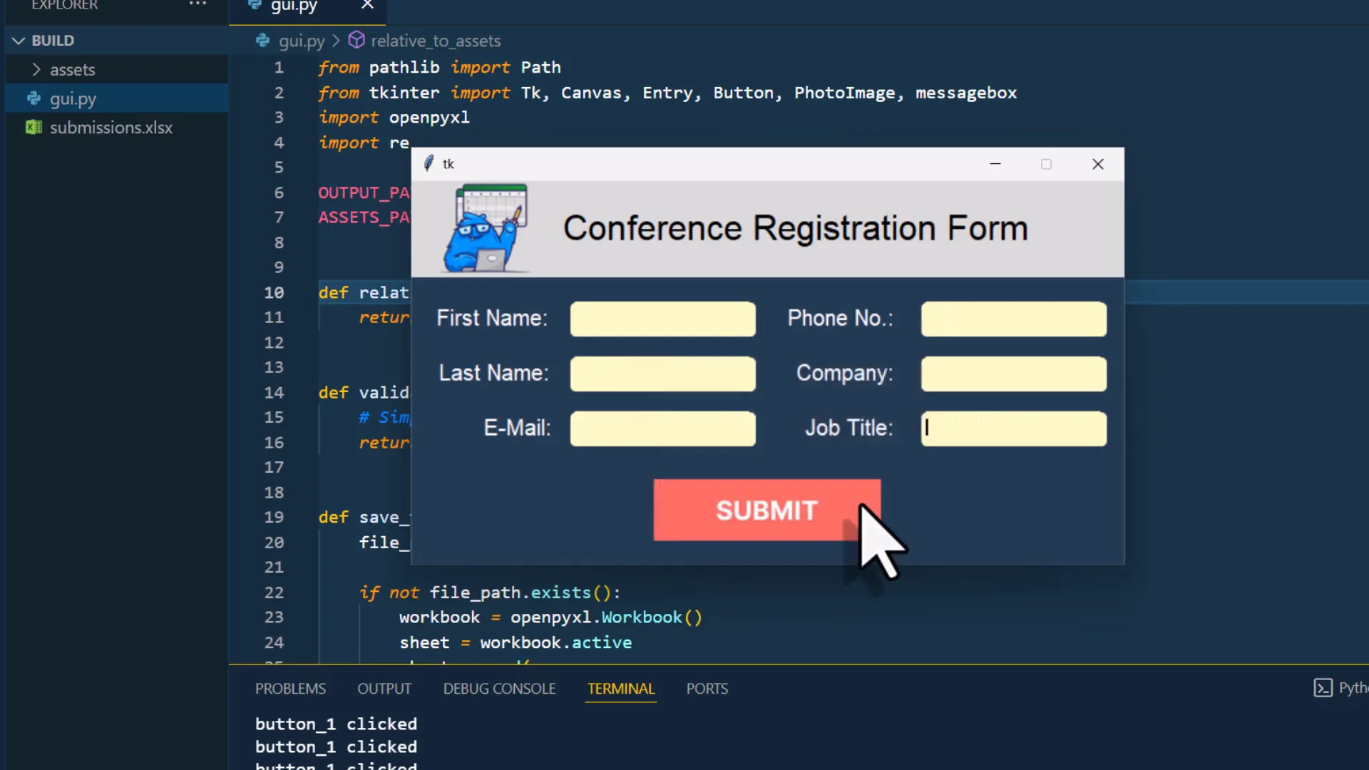 Successful submission of data to the spreadsheet