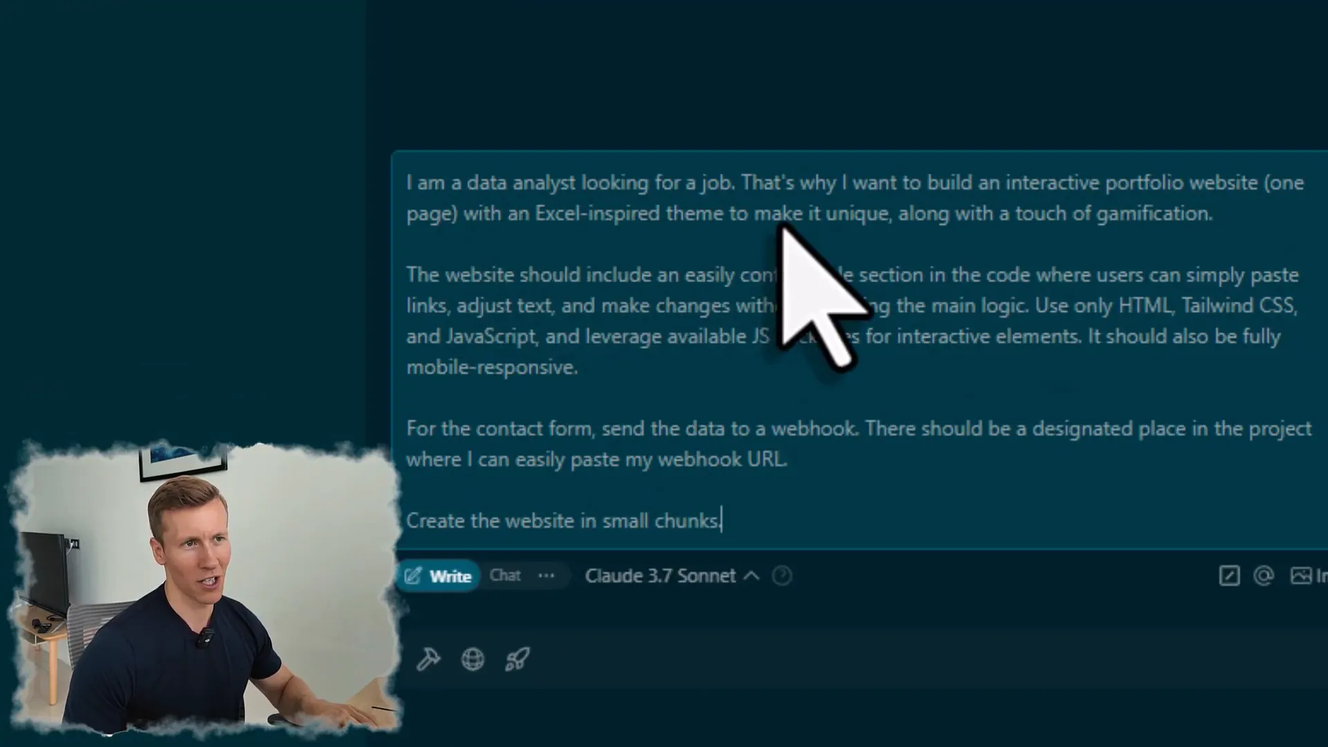Prompt setup for Excel-inspired portfolio website in Windsurf