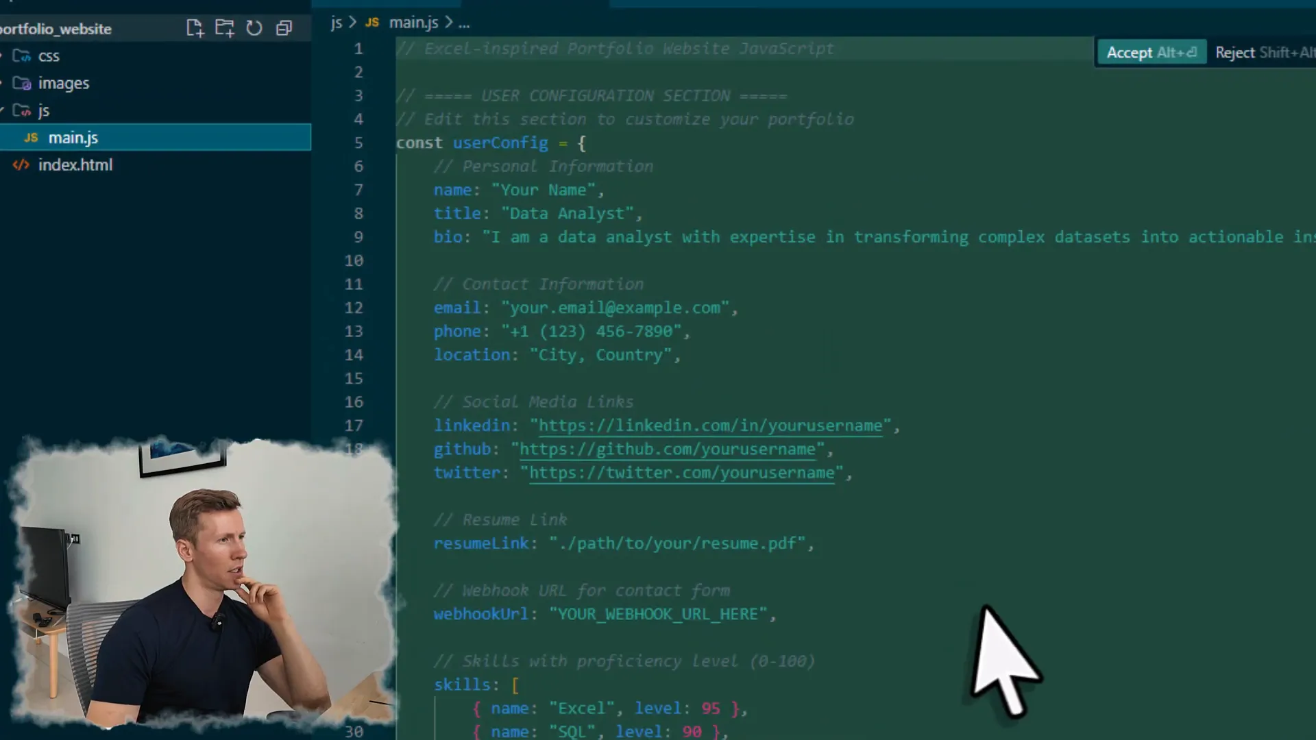 JavaScript config file with personal info and skills