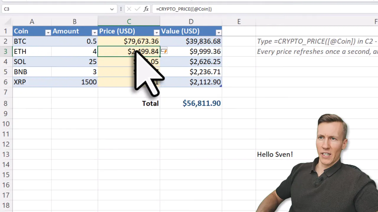Excel portfolio table showing coin symbols, live prices and values in US dollars