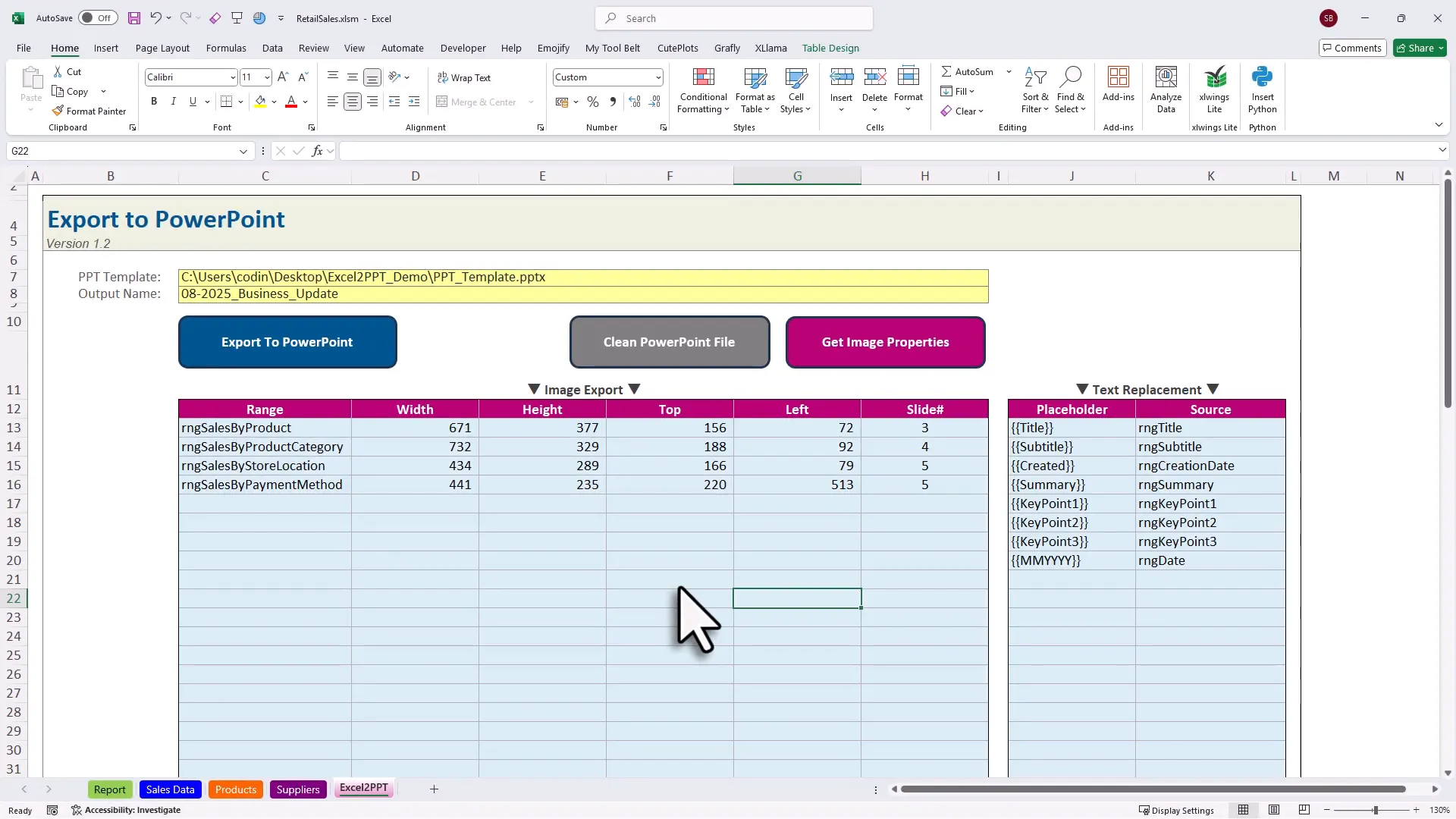 Excel export control panel to choose charts and text placeholders