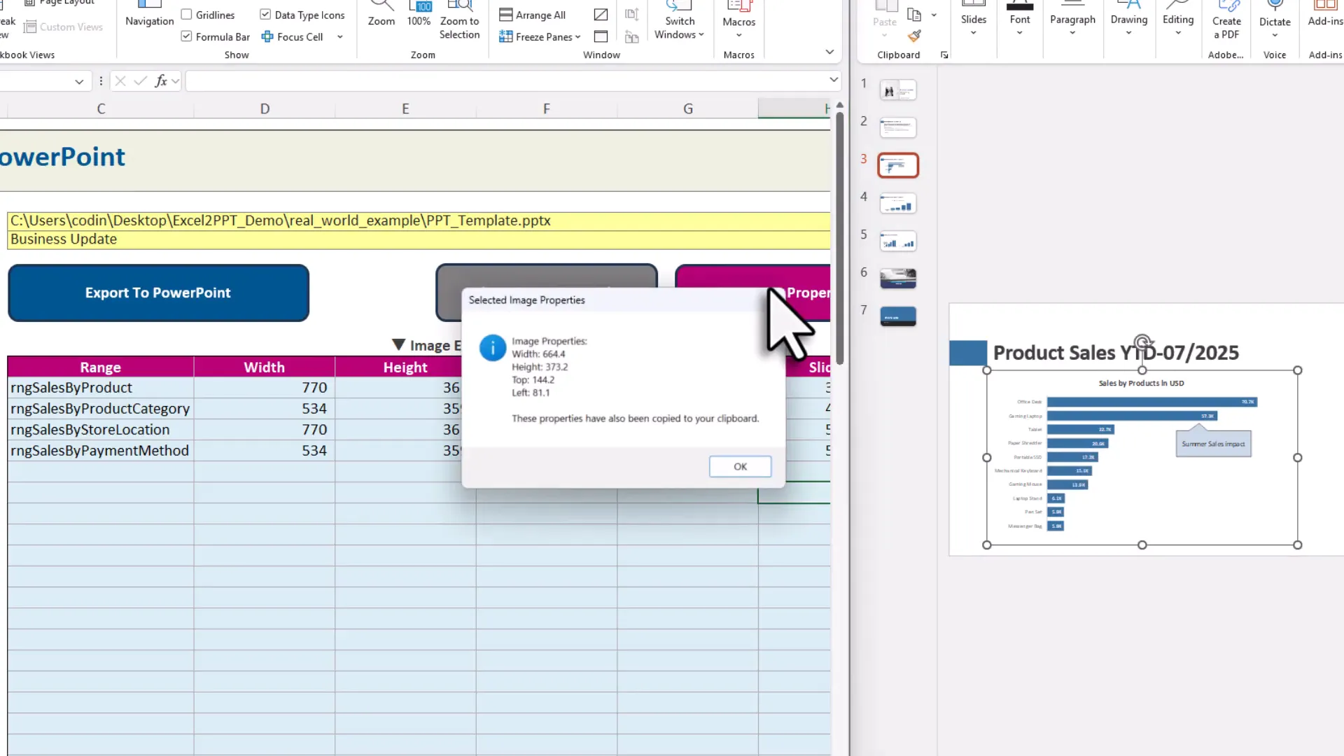Excel control panel with image properties for precise chart placement