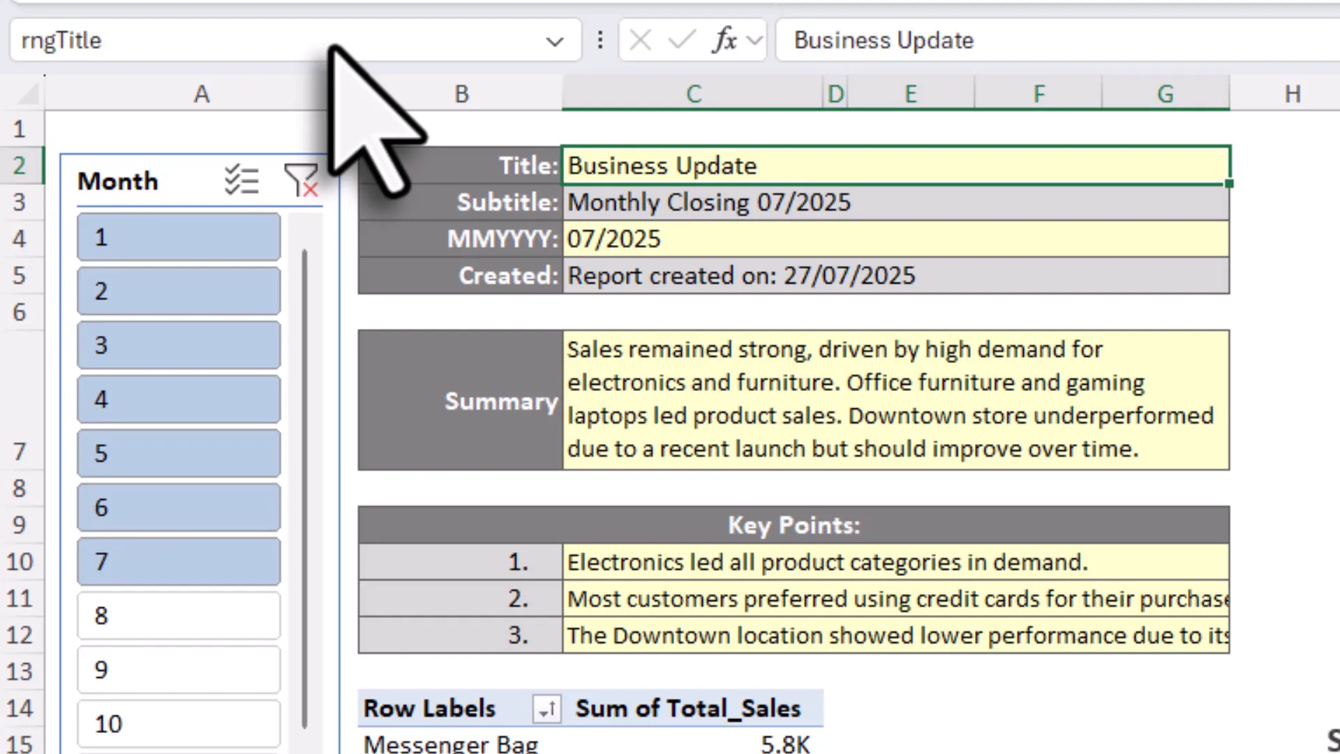 Excel named ranges defined for text and chart ranges