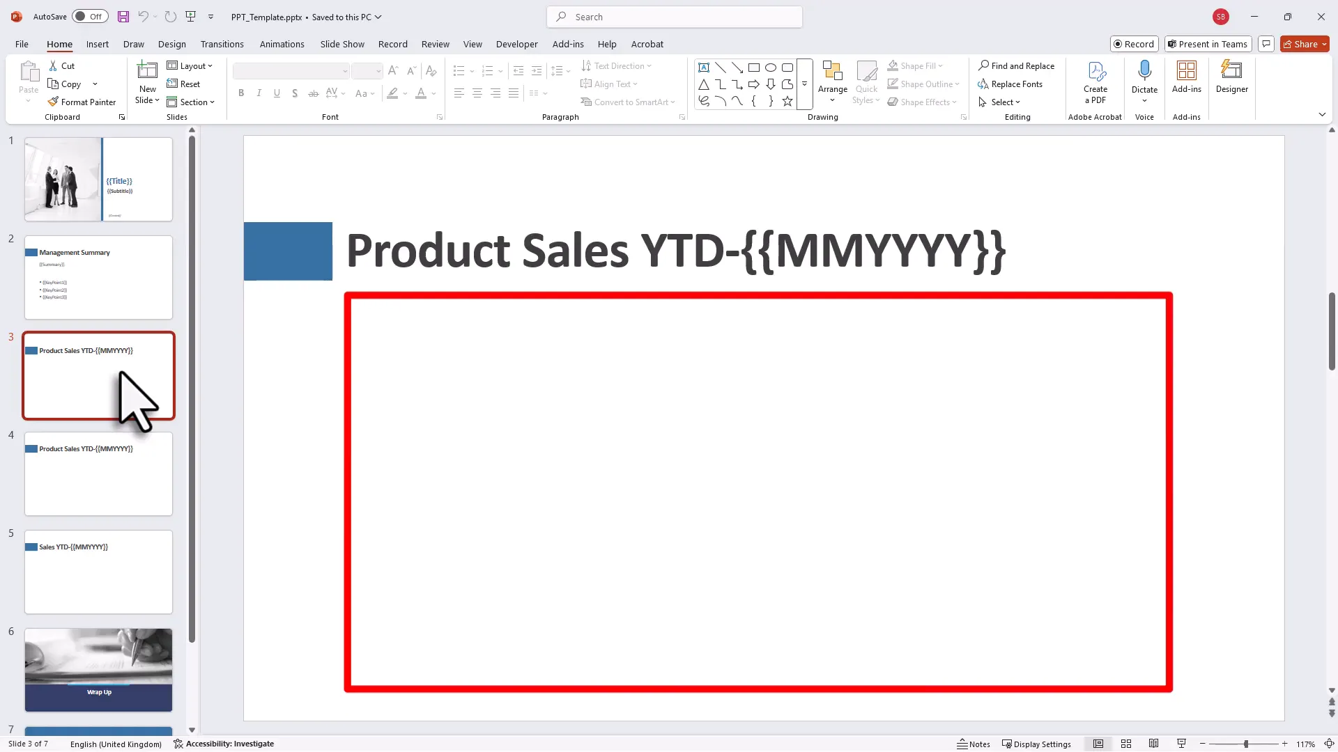 PowerPoint slides with placeholders and blank slides for charts