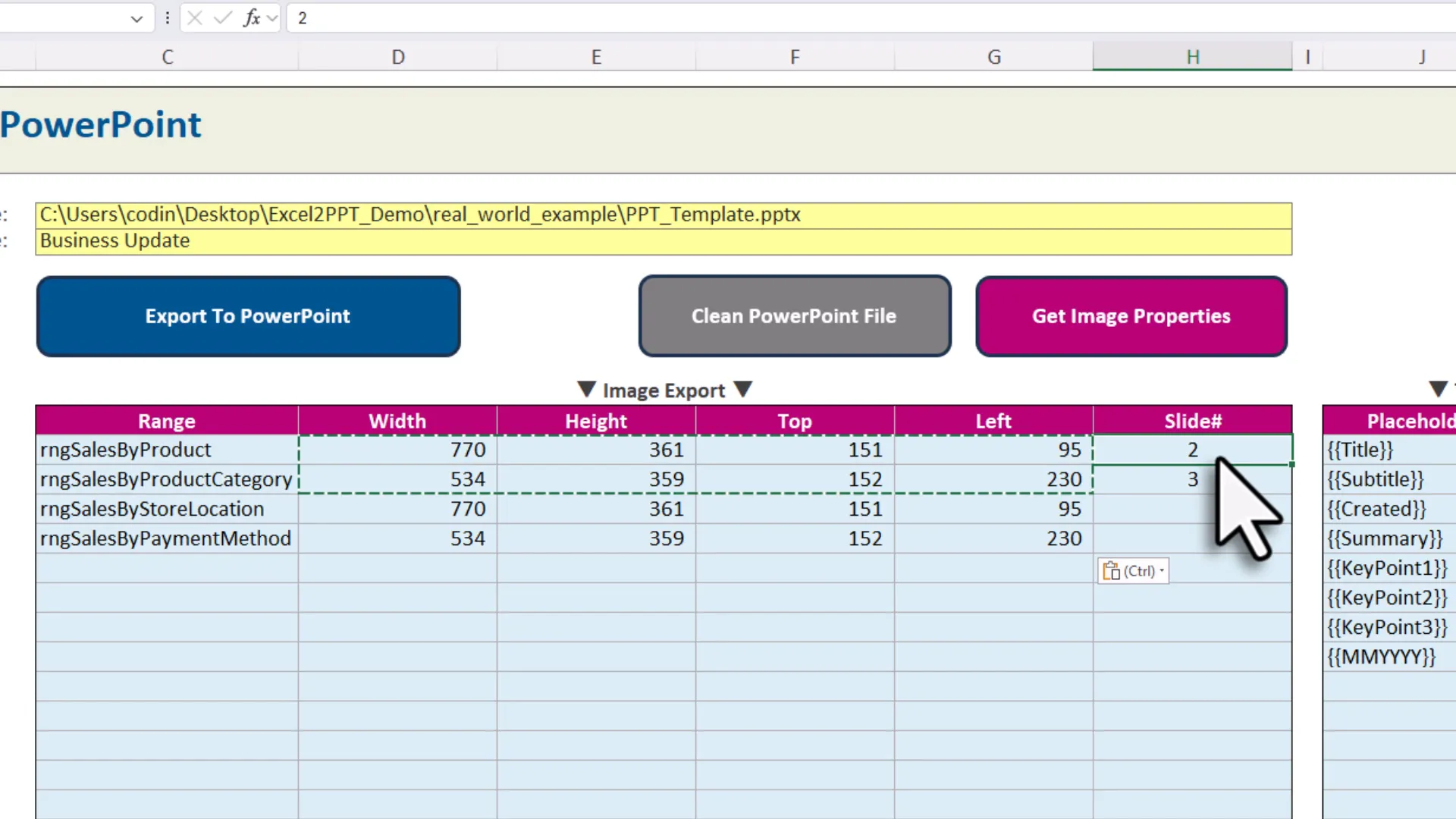 Excel export sheet with named ranges linked to slide numbers and placeholders