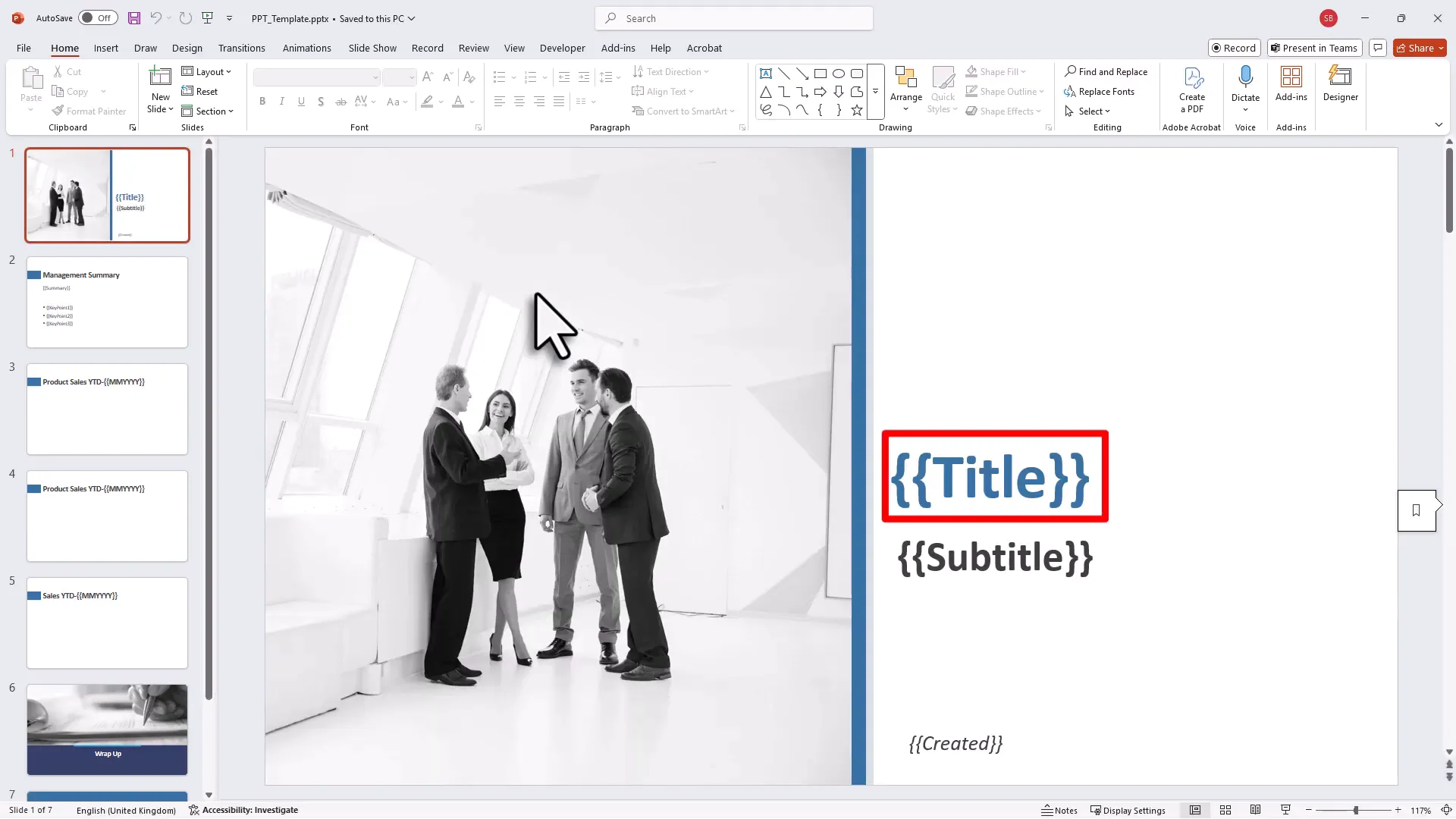 PowerPoint template with placeholders for title, subtitle, and creation date