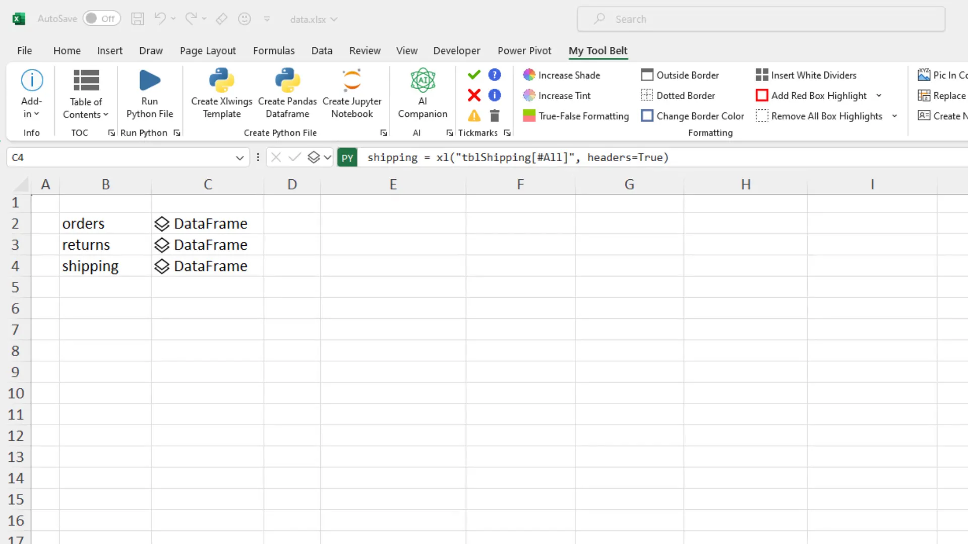 Creating dataframes from Excel sheets