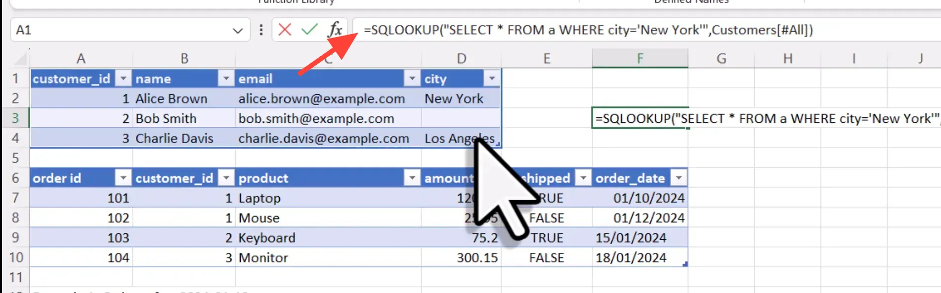 Example of SQL statement in Excel