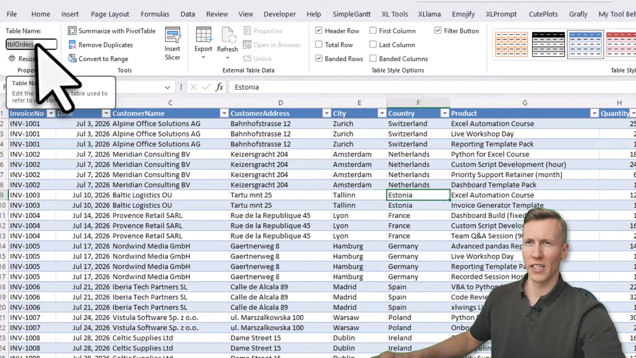 Excel table with invoice order columns and Table Design tab visible