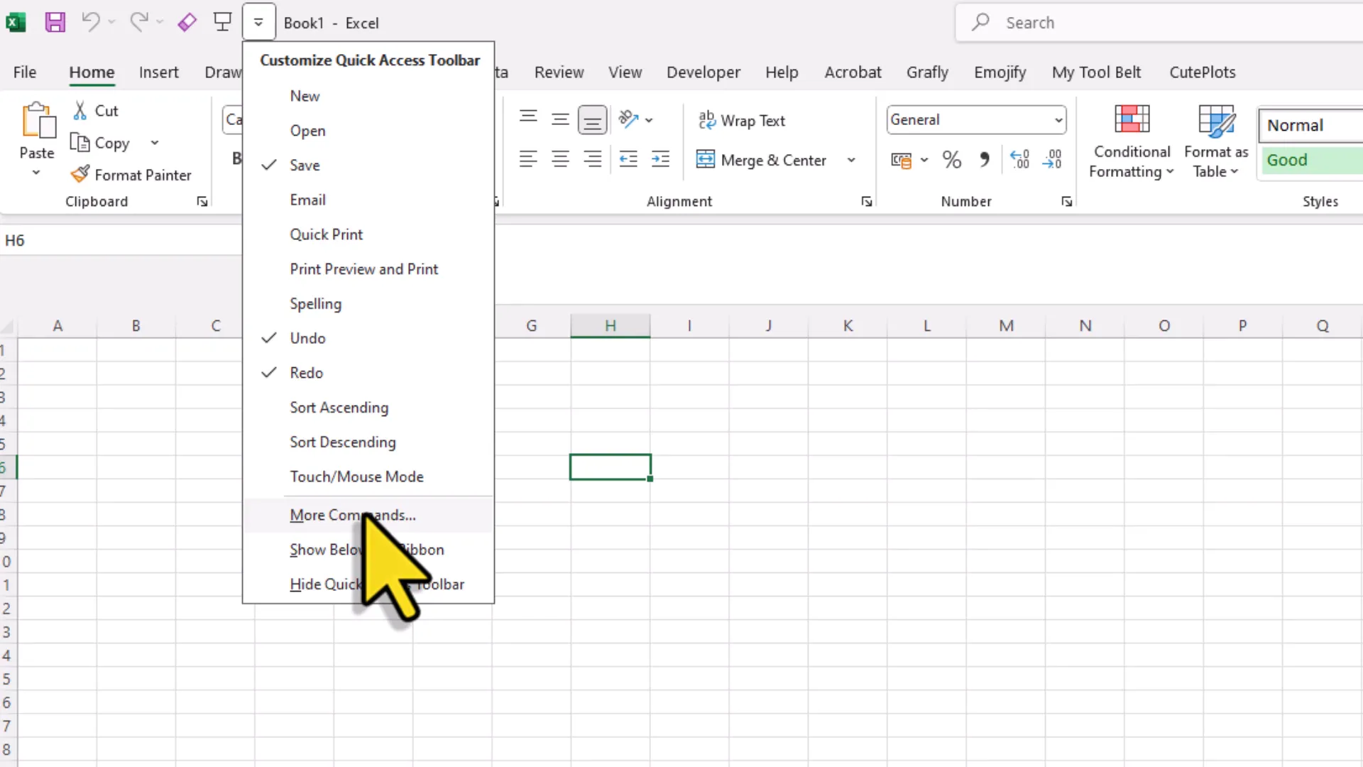 Accessing Quick Access Toolbar settings
