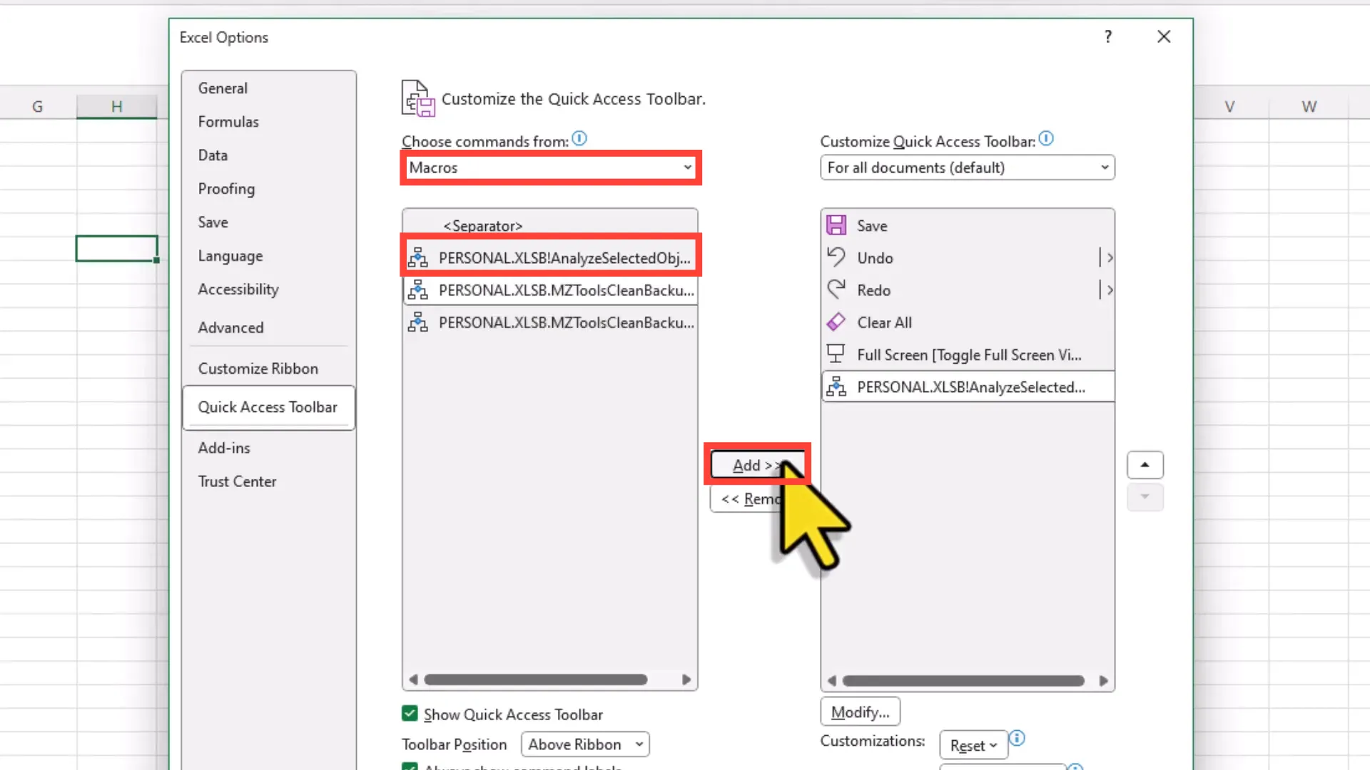 Selecting macros from Quick Access Toolbar