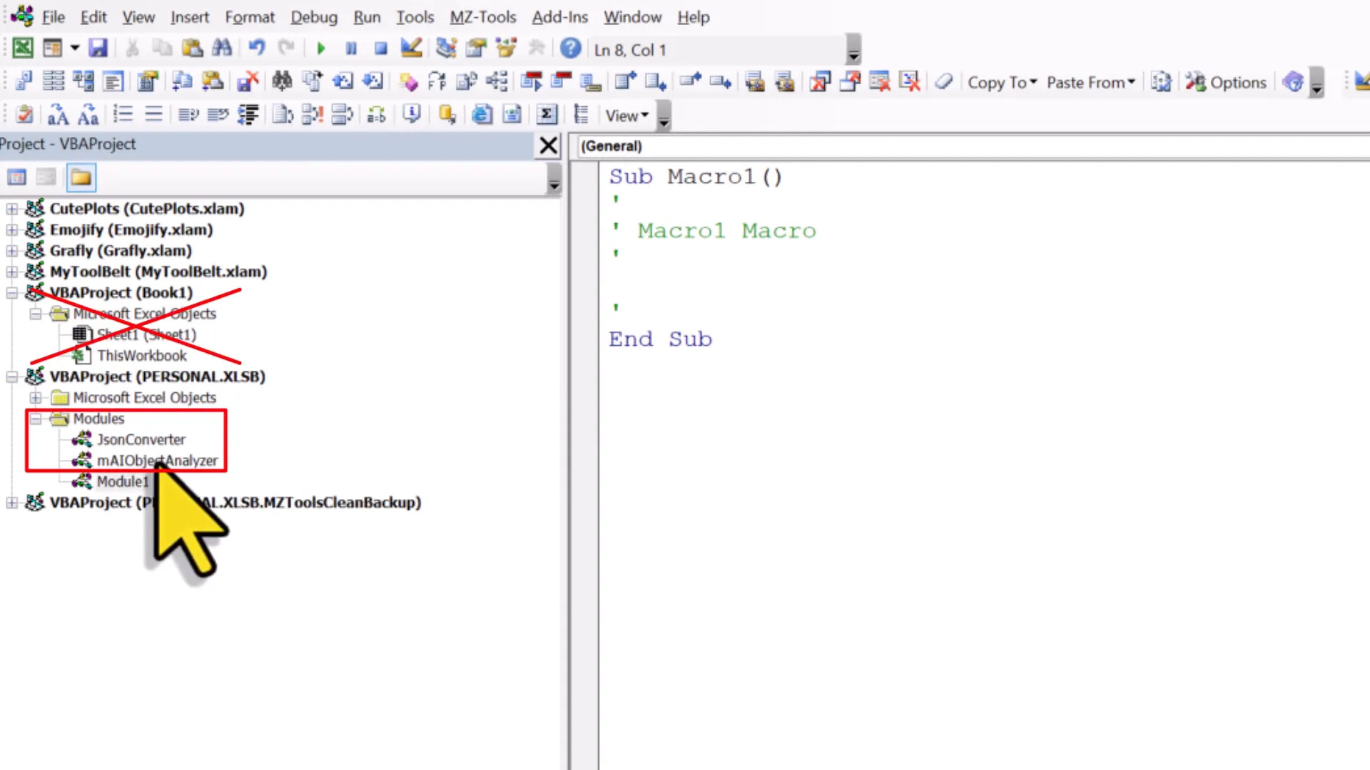 Dragging modules into personal workbook
