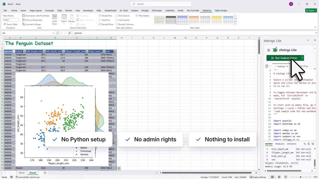Excel workbook with xlwings Lite panel and messages no Python setup no admin rights and nothing to install