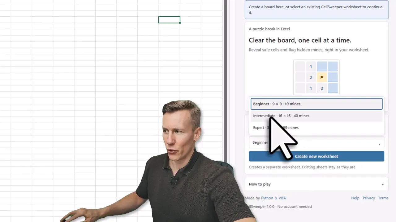 Excel worksheet showing a new CellSweeper game board and game controls in the task pane