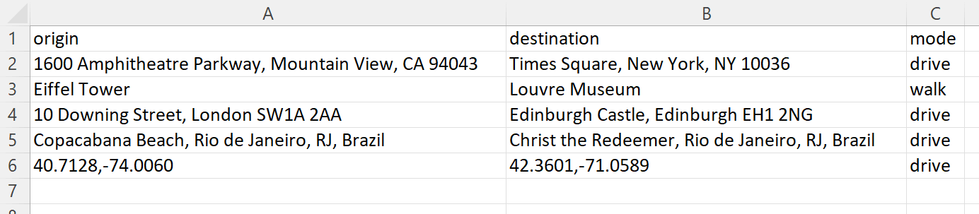 CSV template for the bulk distance calculator showing origin and destination columns with example addresses