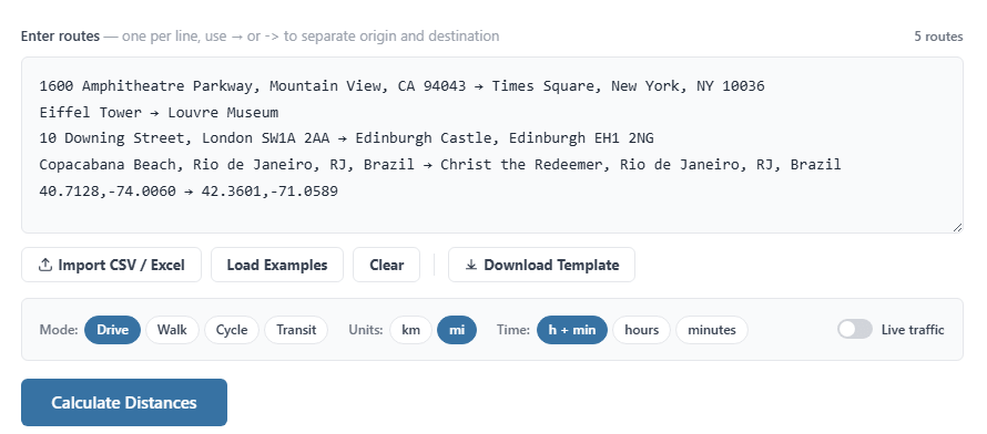 Free bulk distance calculator showing manual address entry with travel mode and unit settings