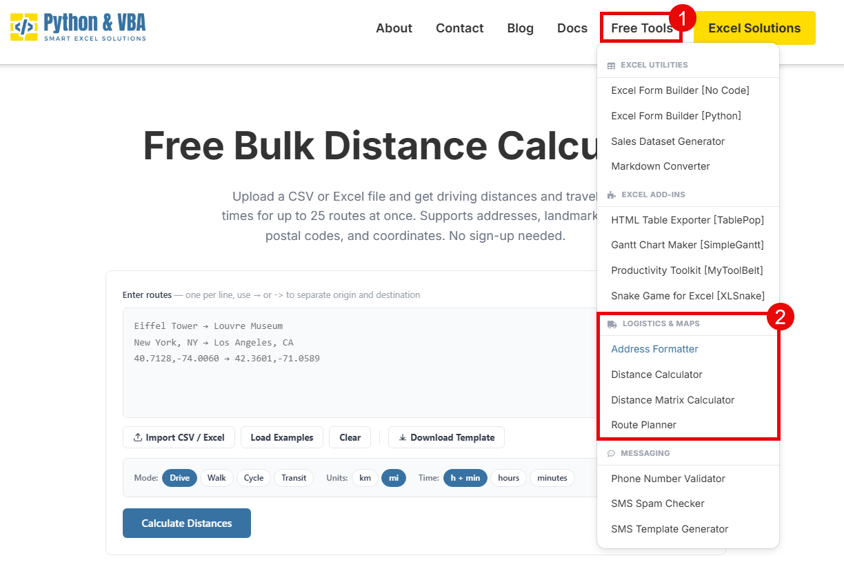 Free Tools menu on pythonandvba.com showing the Logistics and Maps section with Distance Calculator, Distance Matrix Calculator, Route Planner, and Address Formatter