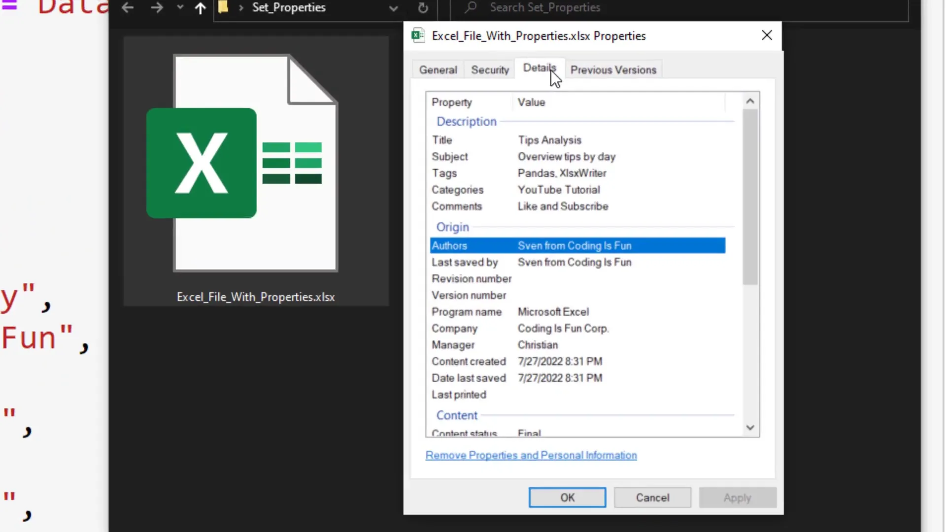 Viewing document properties in Excel
