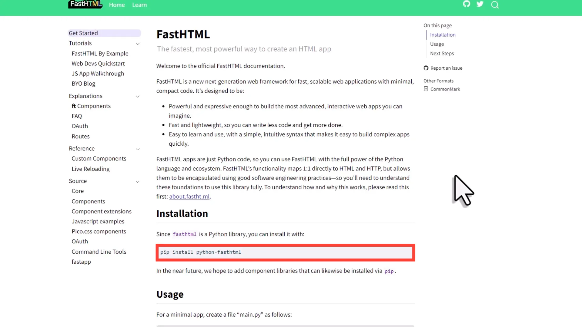FastHTML installation command