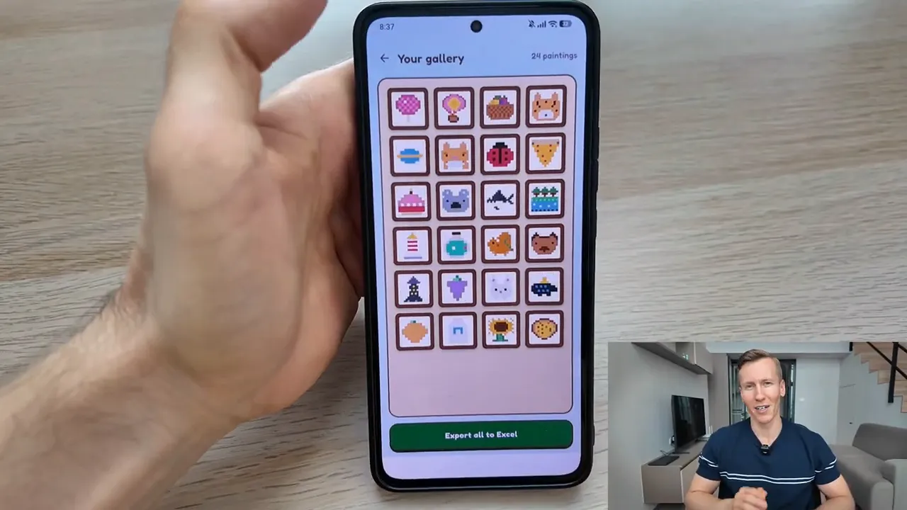 FocusCell gallery screen showing a grid of colorful pixel-art artwork tiles