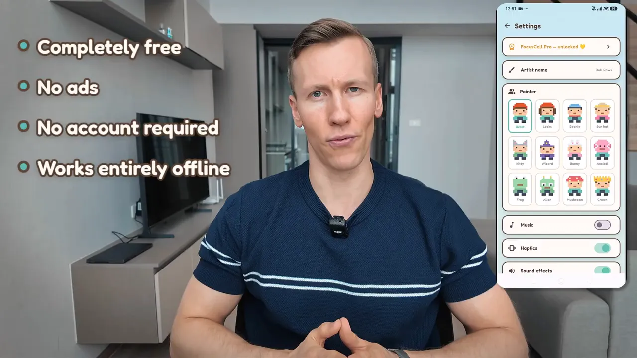 FocusCell screen listing completely free, no ads, no account required, and works entirely offline