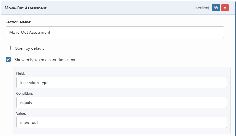Setting up conditional visibility for a section with field, condition, and value