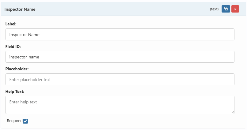 Configuring field properties like label, placeholder, and required flag in the form builder