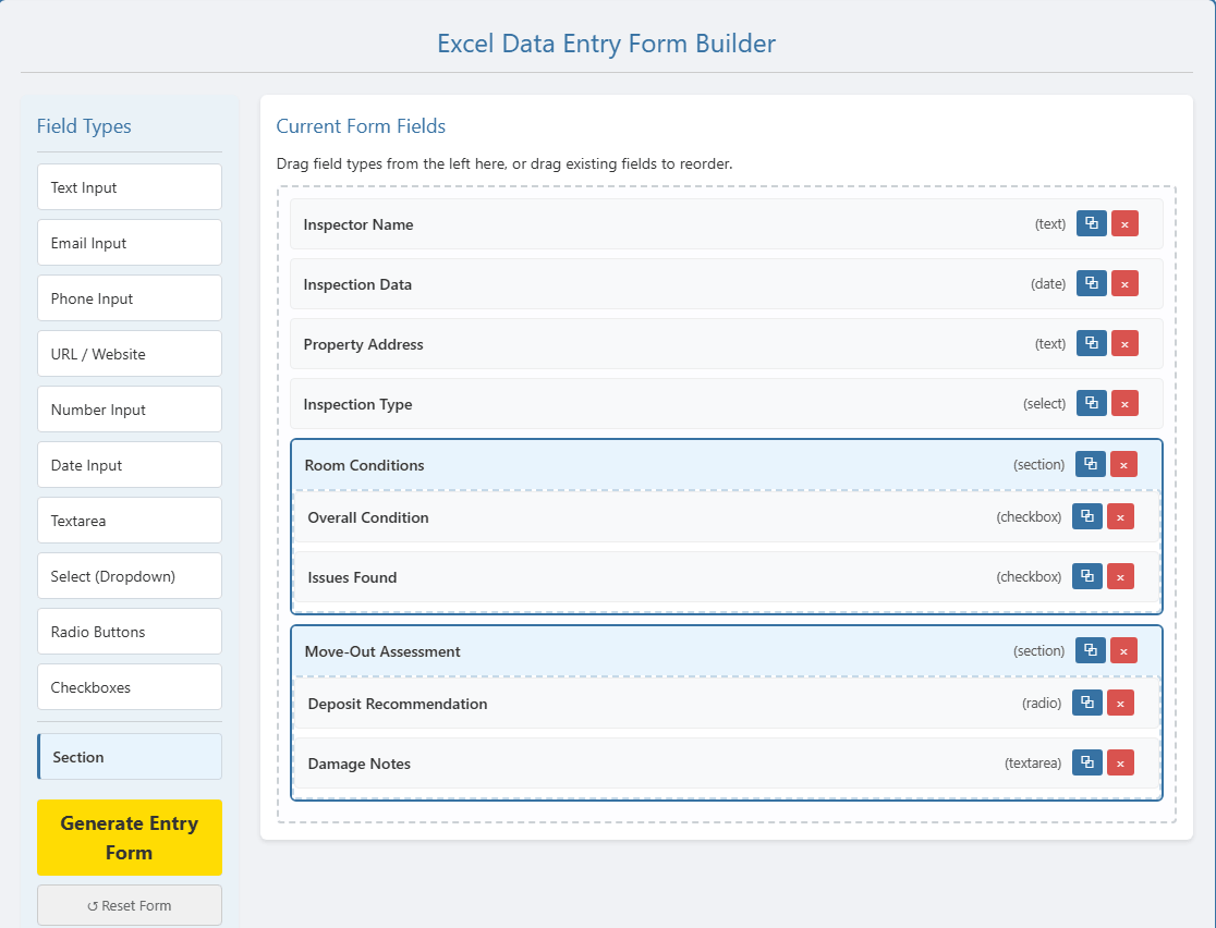 Form builder showing two collapsible sections for room conditions and move-out assessment