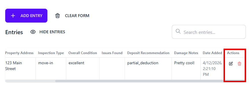 Entries table at the bottom of the form showing edit and delete action buttons