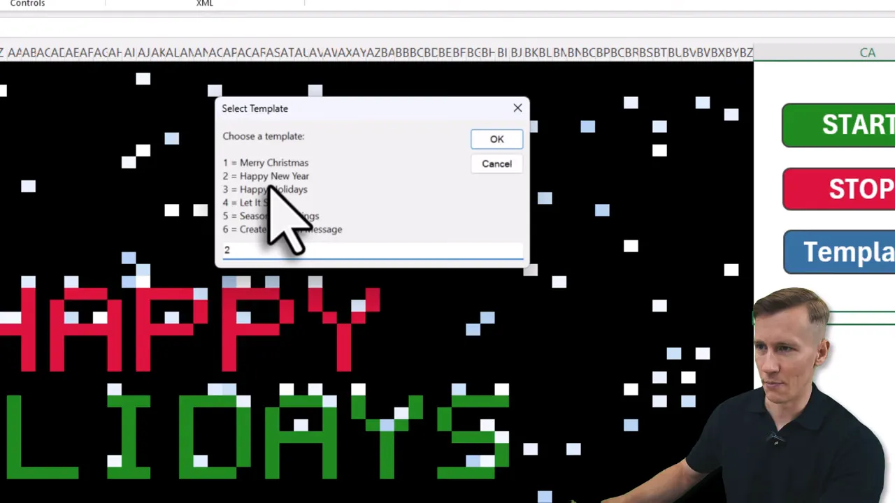 Select Template dialog in Excel with list of built-in messages and a cursor pointing at the list