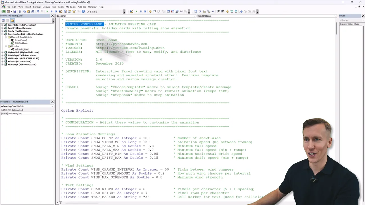 VBA editor displaying 'WINTER WONDERLAND' module header and configuration settings such as SNOW_COUNT, SNOW_TIMER_MS and wind settings