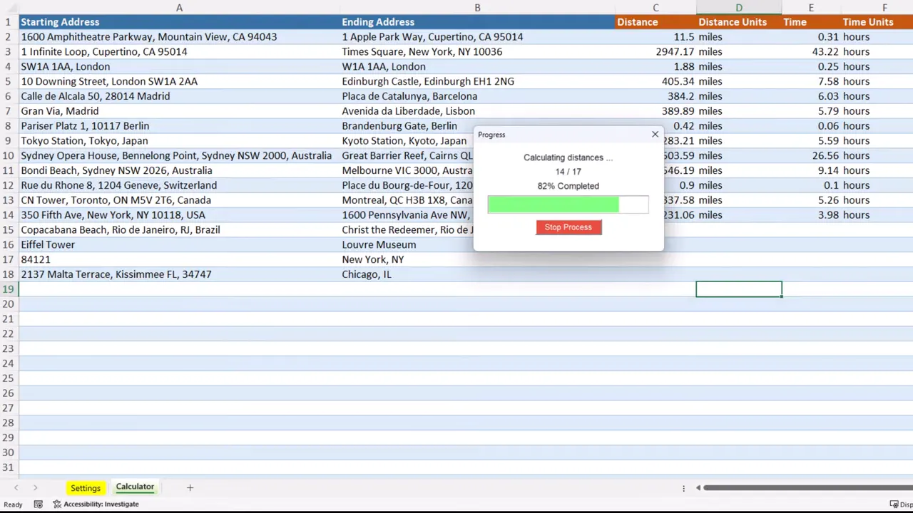 Typing start and destination then clicking calculate button