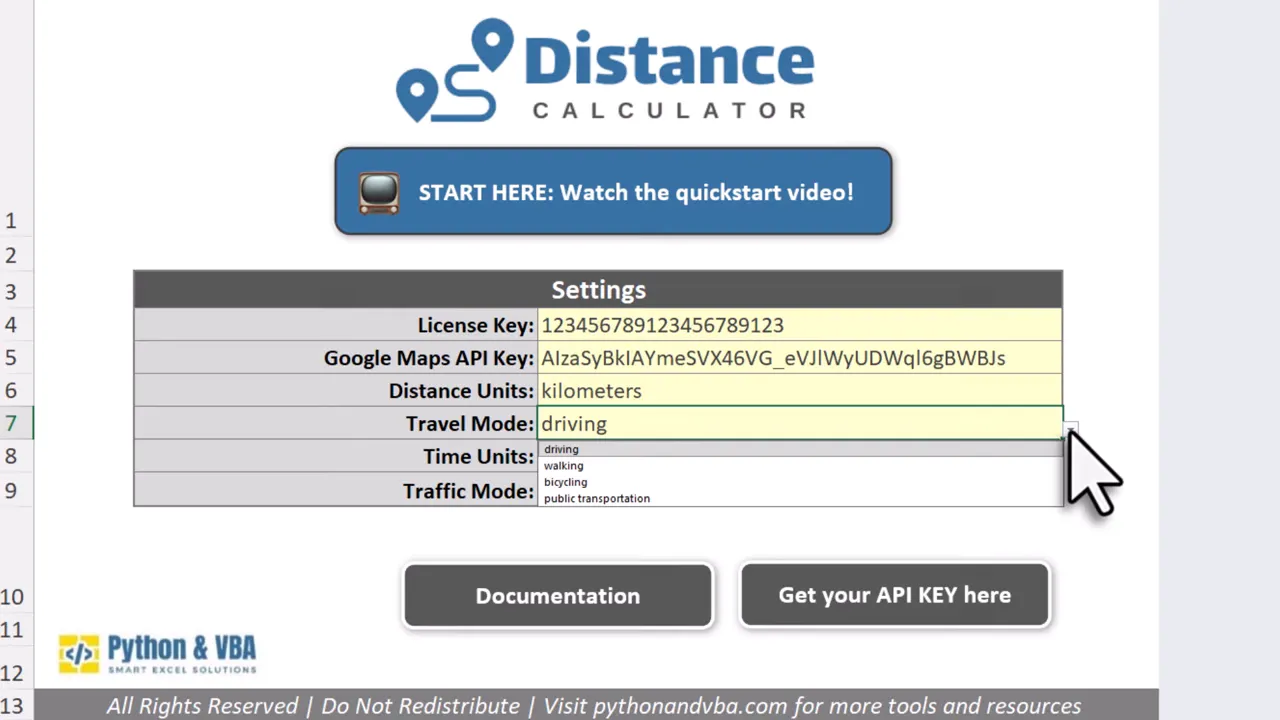 Options to switch units and travel mode