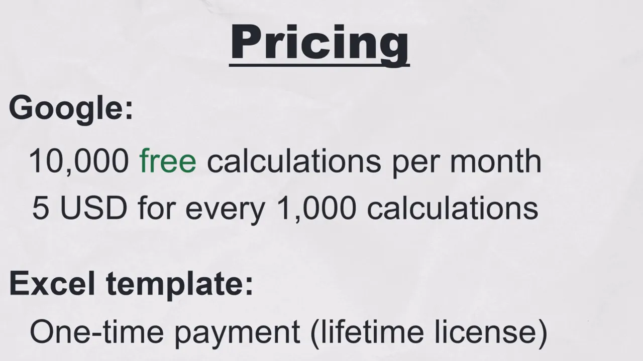 Slide showing 'Pricing' with '10,000 free calculations per month' and '5 USD for every 1,000 calculations' and a heading 'Excel template:'.
