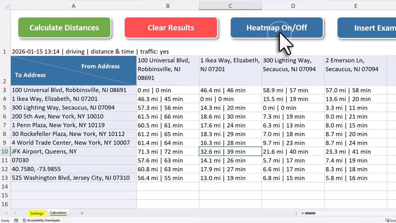 Excel distance matrix with the mouse cursor clicking the 'Heatmap On/Off' button and the grid showing raw numbers (heatmap off).